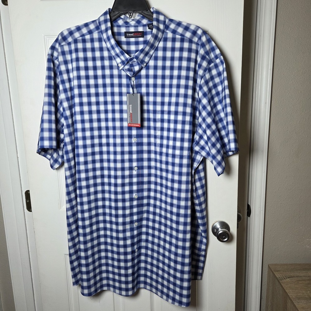 Roundtree & Yorke Travel Smart Shirt Mens 4XT blue plaid Button up short slv NWT